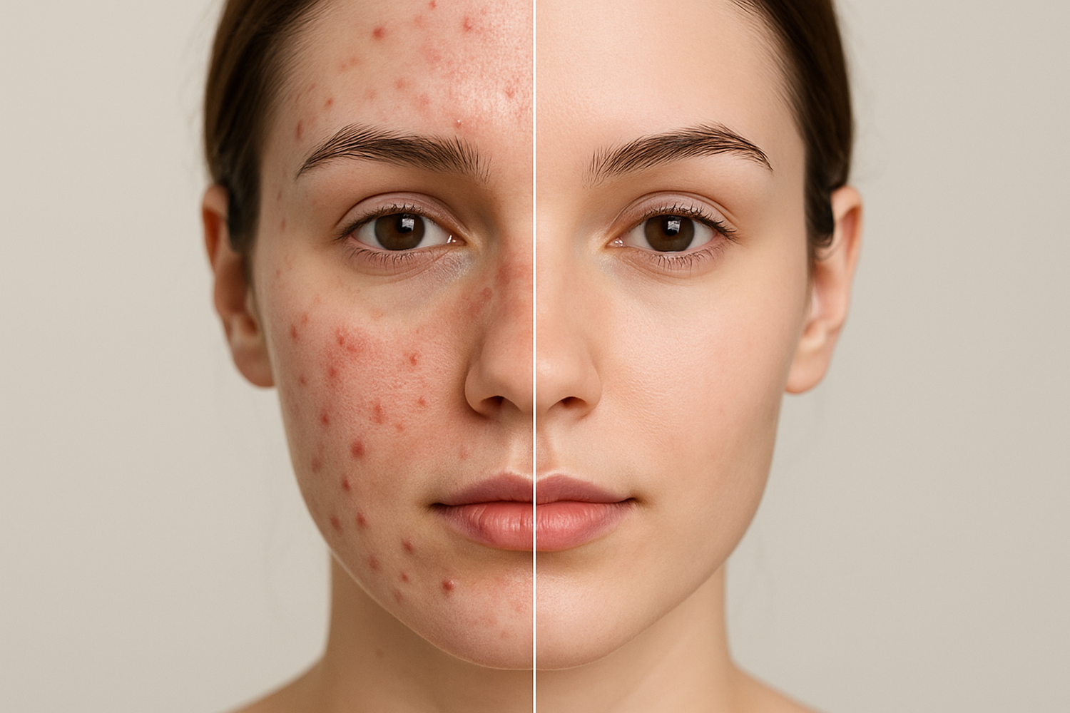 womans face with acne on one side and no acne on the other side