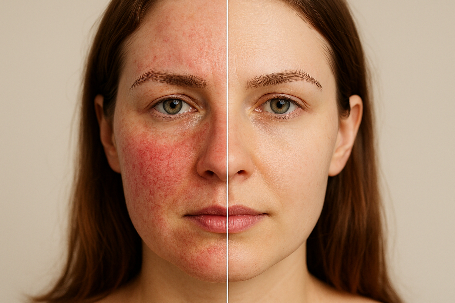 womans face with rosacea on one side and clear on the other side